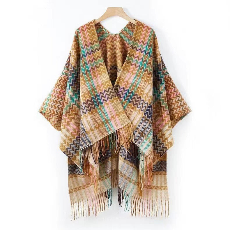 Colorful Wave Striped Thick Tassel Split Cape