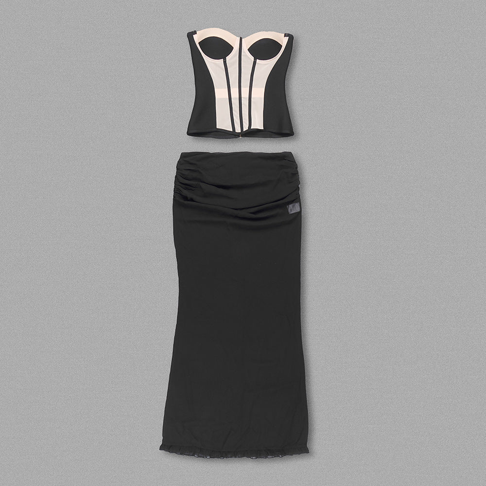 Mesh Color Block Chiffon Tube Top + Mesh Maxi Skirt