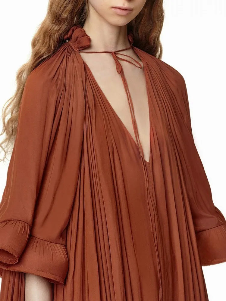Deep V-Neck Patchwork Ruffles Spliced Lace Up Dress