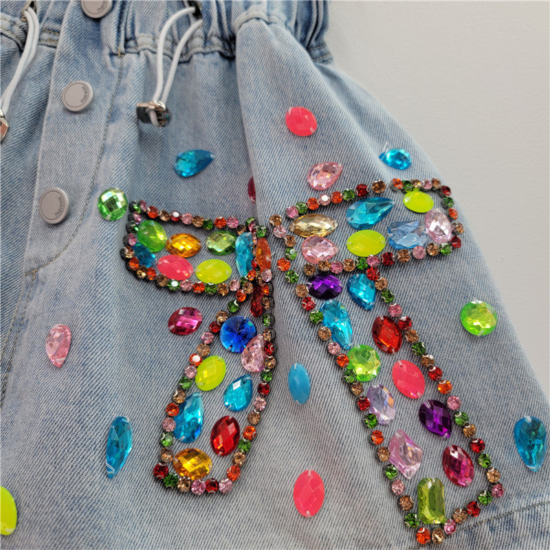 Colored Diamond Bow High Waist Wide Leg Denim