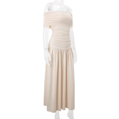 Off Shoulder Slim Fit Pleated Maxi Dress