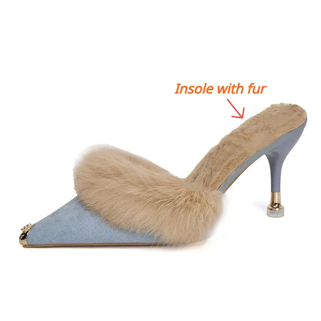 Metal Tip Faux Fur Mules