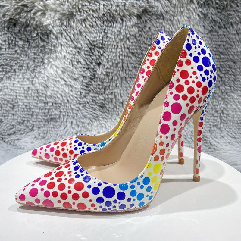 Multicolor Polka-Dots Printed Patent Pointed-Toe Shoes