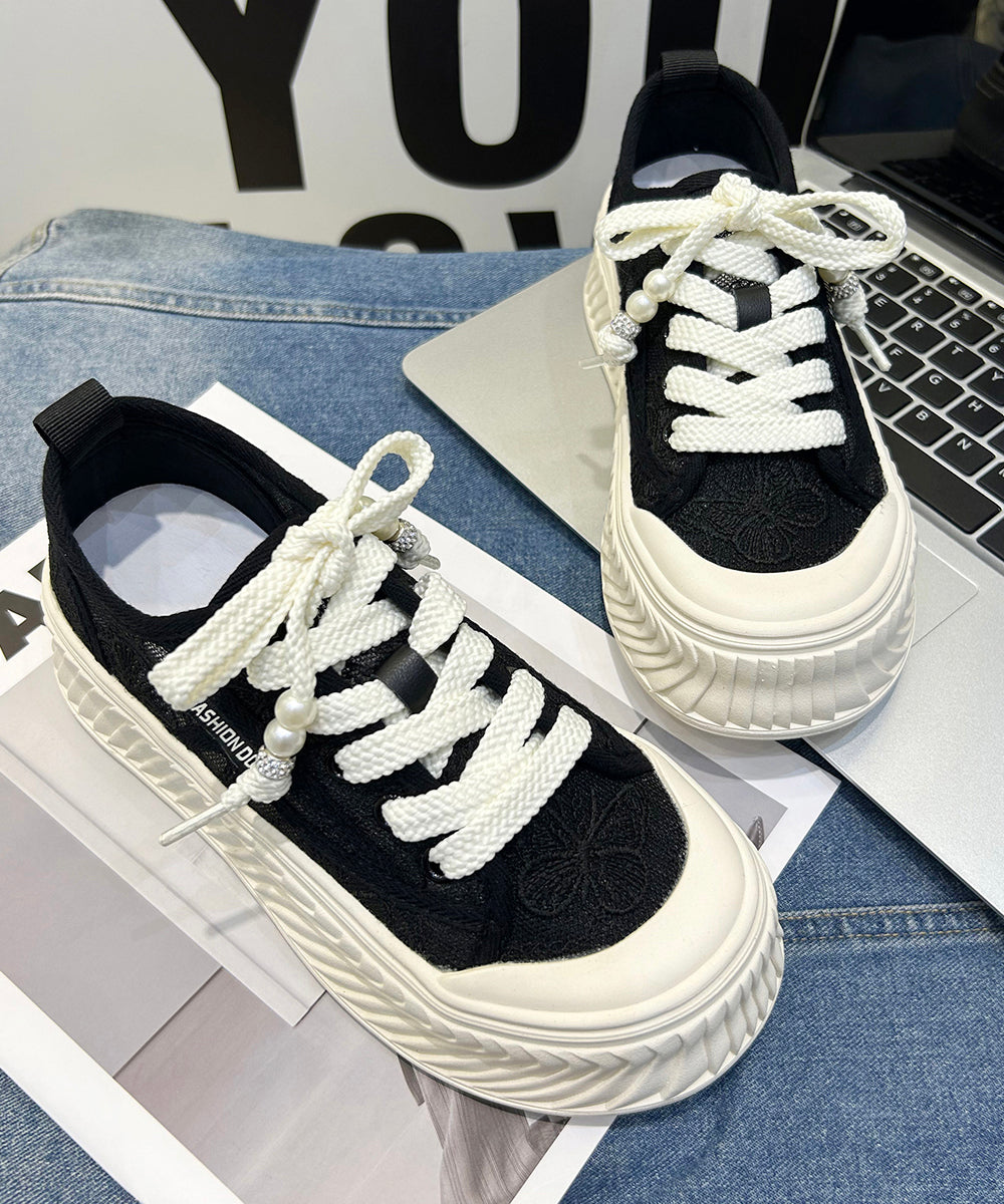 Comfy Splicing Platform Flat Shoes For Women Black Breathable Mesh