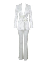 White V-Neck Pearl Beaded Blazer + Pearl Beaded Flared Pants