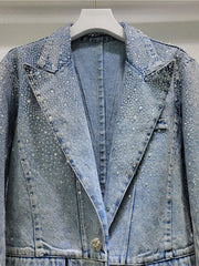 Vintage Diamond Embellished Single Button Denim Blazer