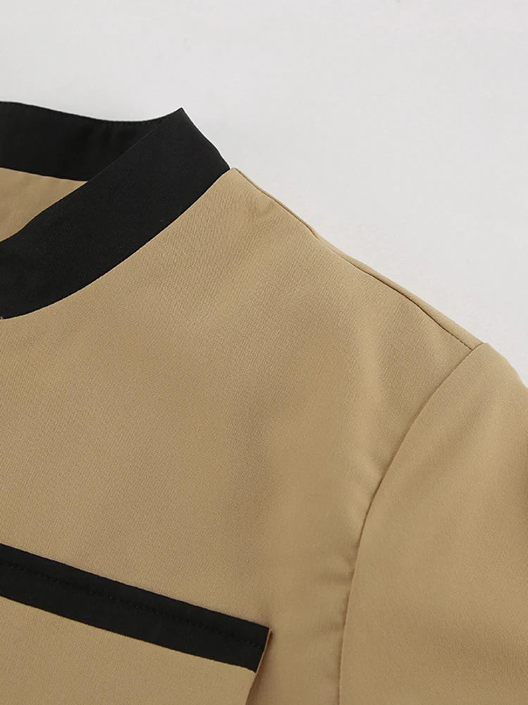 Khaki False Pockets Stand Collar Long Sleeve + Midi Skirt