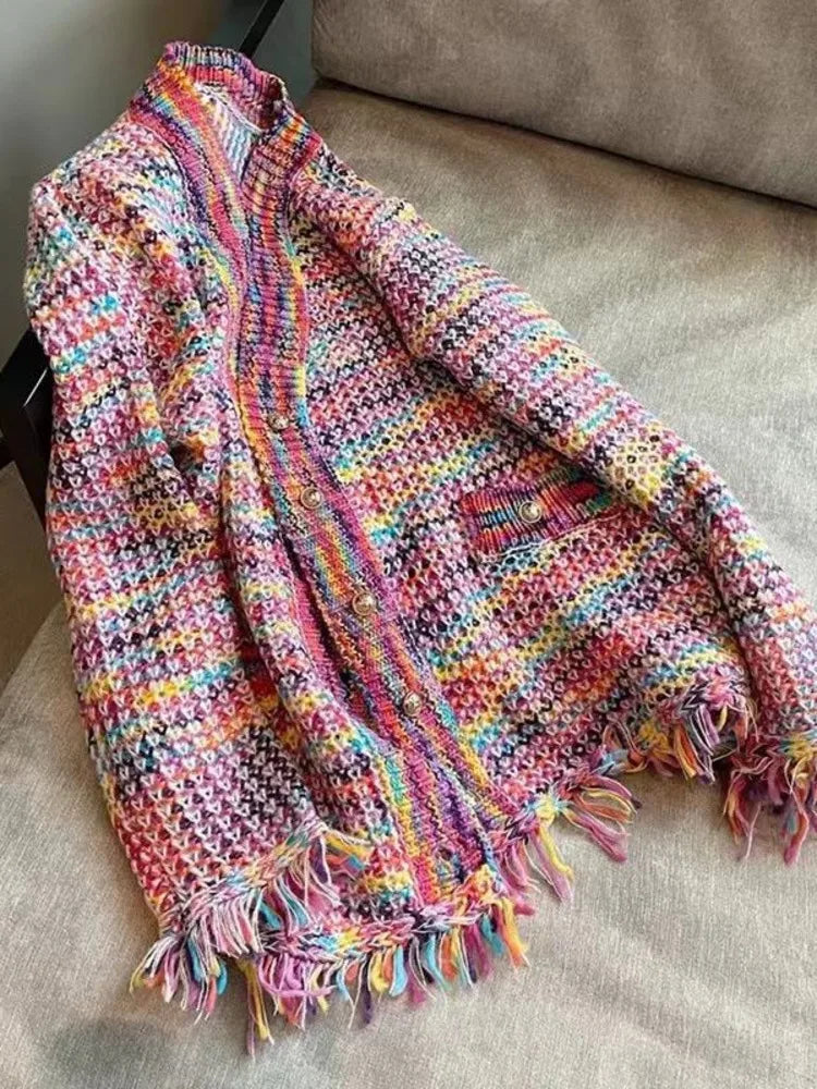 Rainbow Fringed Hem Knit Cardigan