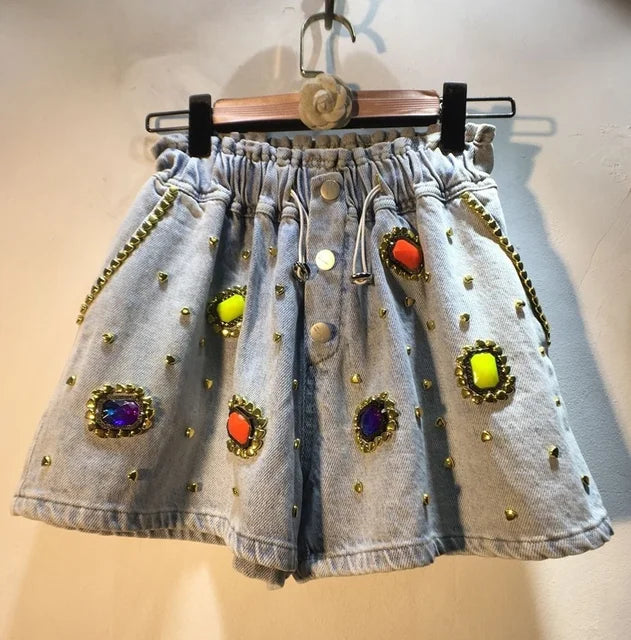 Embellished High Waist Wide Leg Cowboy Shorts