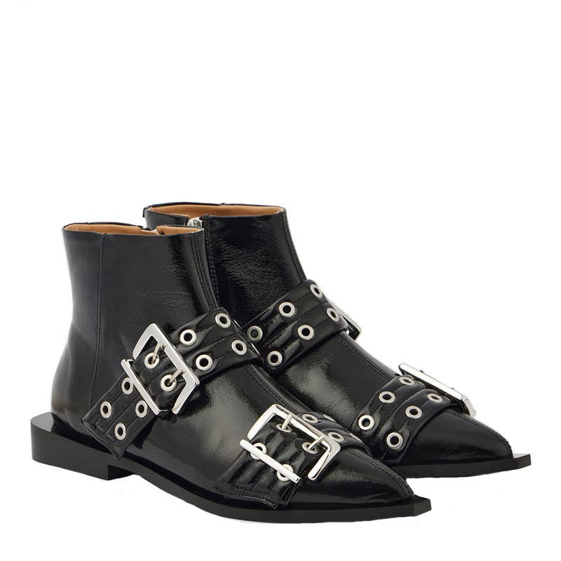 Pointed Toe Thick Heel Belt Buckle Short Boots