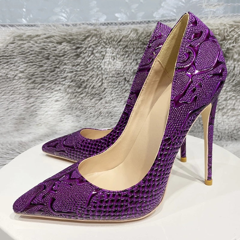 Purple Embossed Pointed-Toe Pumps Shoes