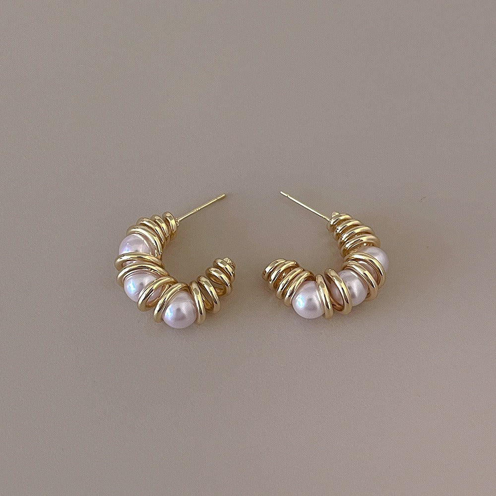 Pearl Metal Twisted Line Earrings