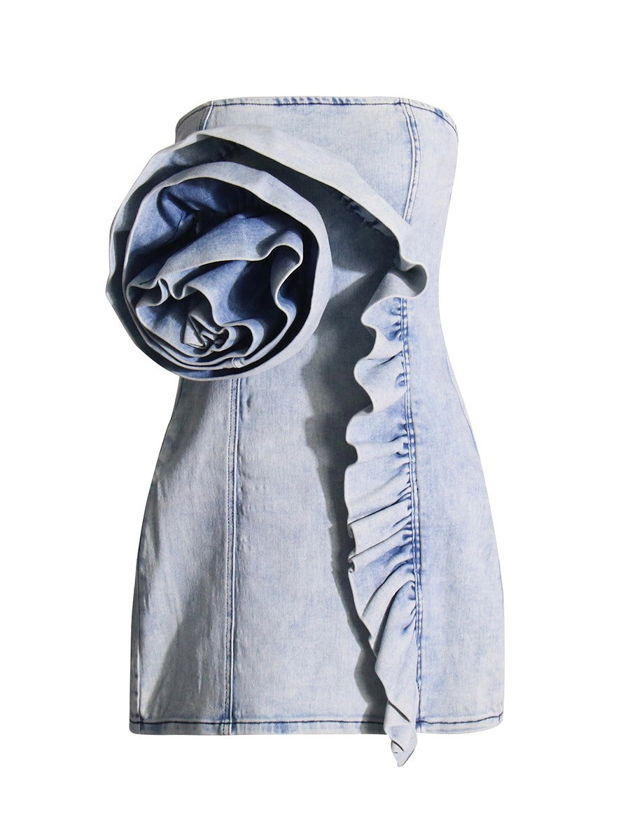 Ruffled Strapless Denim Mini Dress