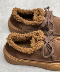 Coffee Flats Lace Up Flat Shoes For Women Fuzzy Wool Lined