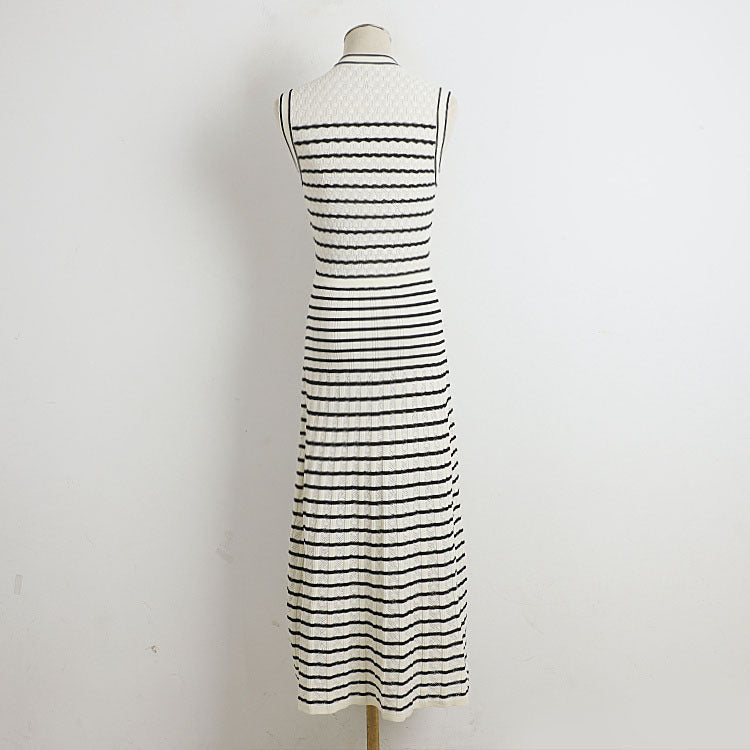 Classic Striped Sleeveless V-Neck Knitted Dress