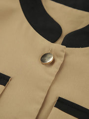 Khaki False Pockets Stand Collar Long Sleeve + Midi Skirt