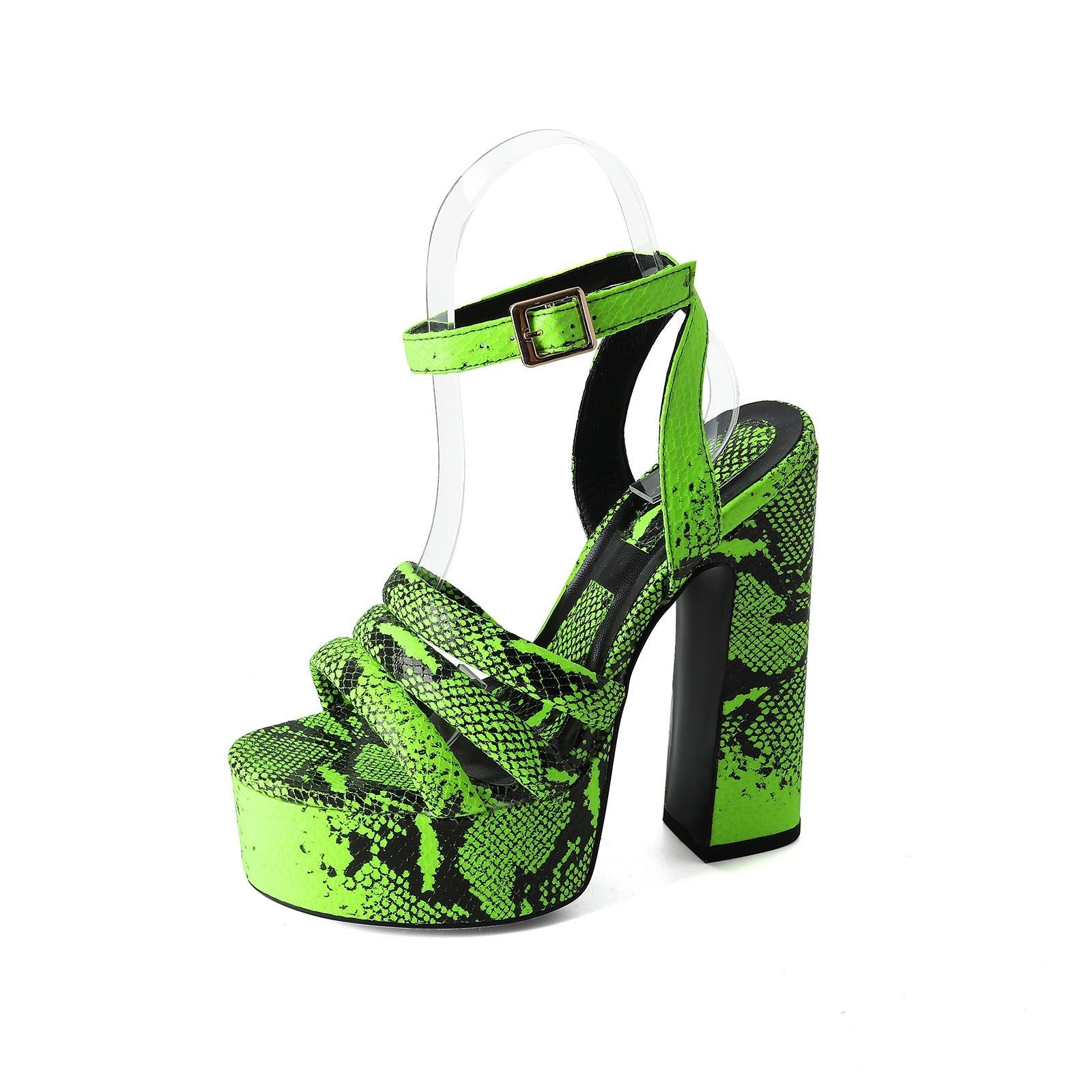 Buckle Strap Open Toe Snake Pattern Thick Heel  Sandals