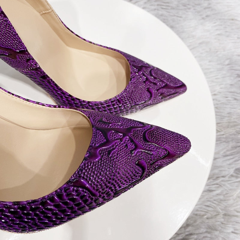 Purple Embossed Pointed-Toe Pumps Shoes