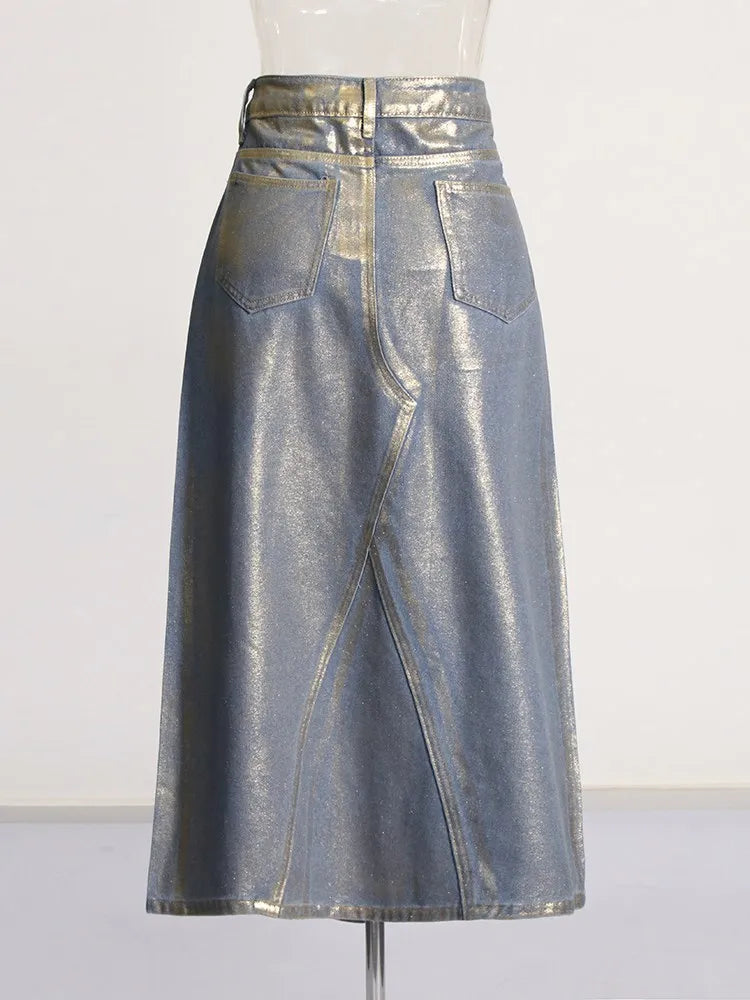 Patchwork Mid Rise A-Line Denim Skirt