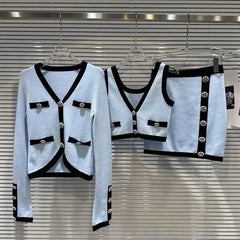 Vintage Long Sleeve Cardigan + Vest + Mini Skirt Set