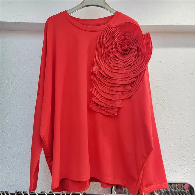 Pleated 3D Flower Loose Casual Round Neck Top
