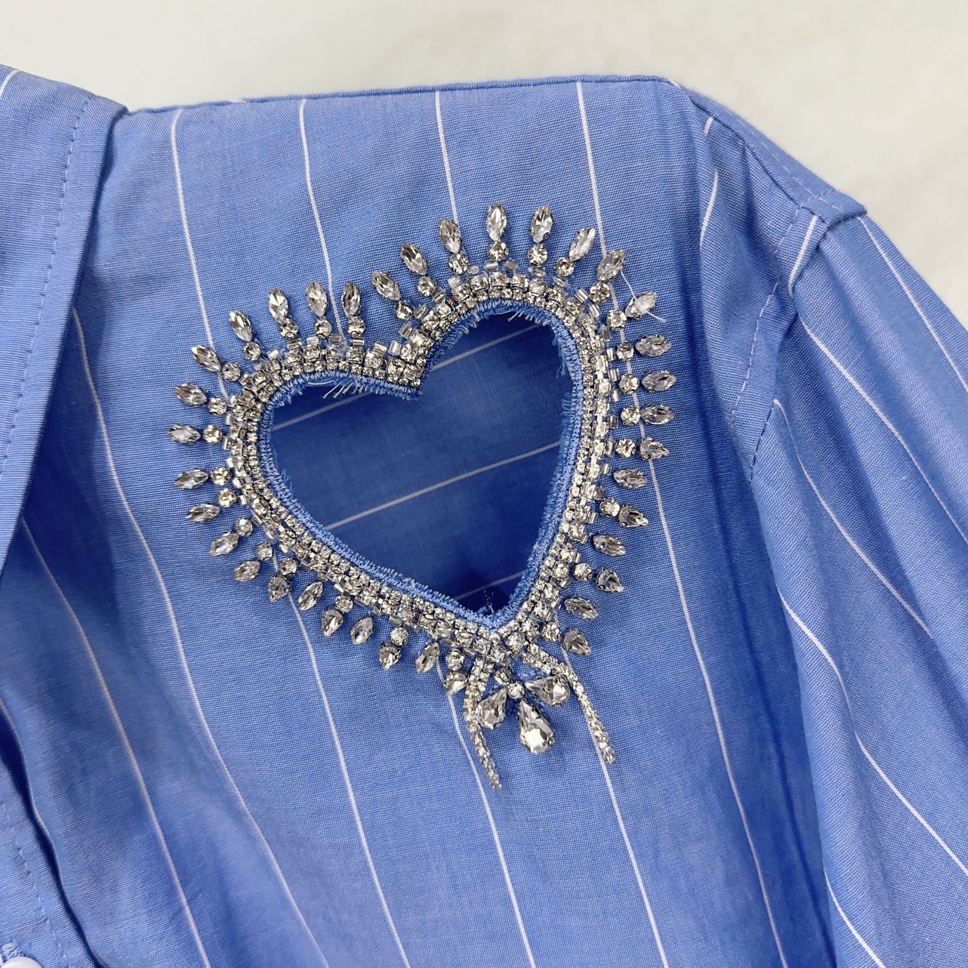 Striped Love Hollow Diamond Long Sleeve Shirt