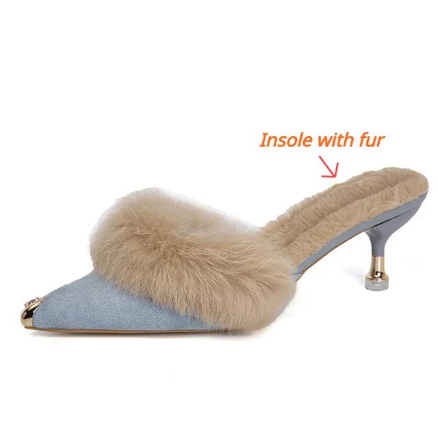 Metal Tip Faux Fur Mules