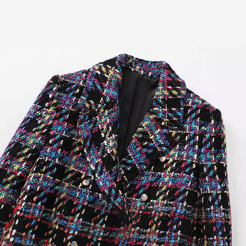 Casual Plaid Long Sleeve Double Breasted Cropped Blazer