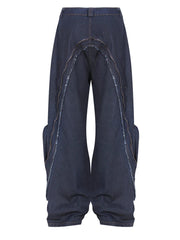 High Waist Zipper Pocket Irregular Wide Leg Denim Pants