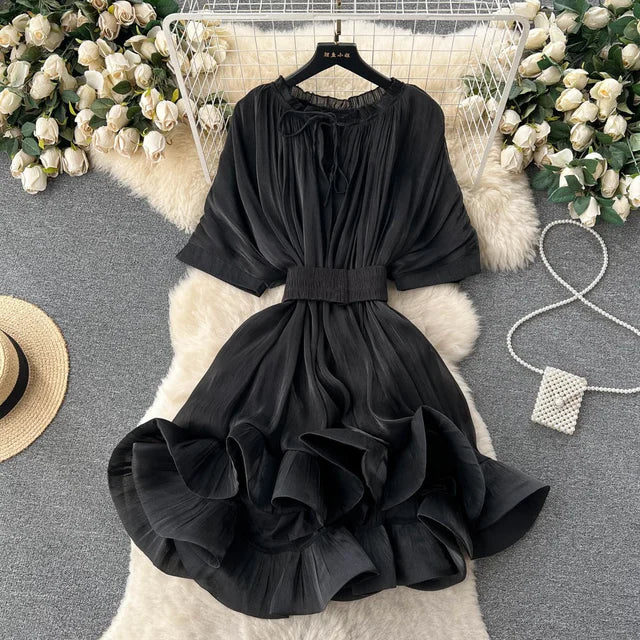 Solid Lace Up Waist Ruffled Hem Fluffy Dress