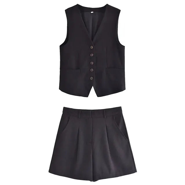 Solid Button Sleeveless Linen Vest + Shorts Set