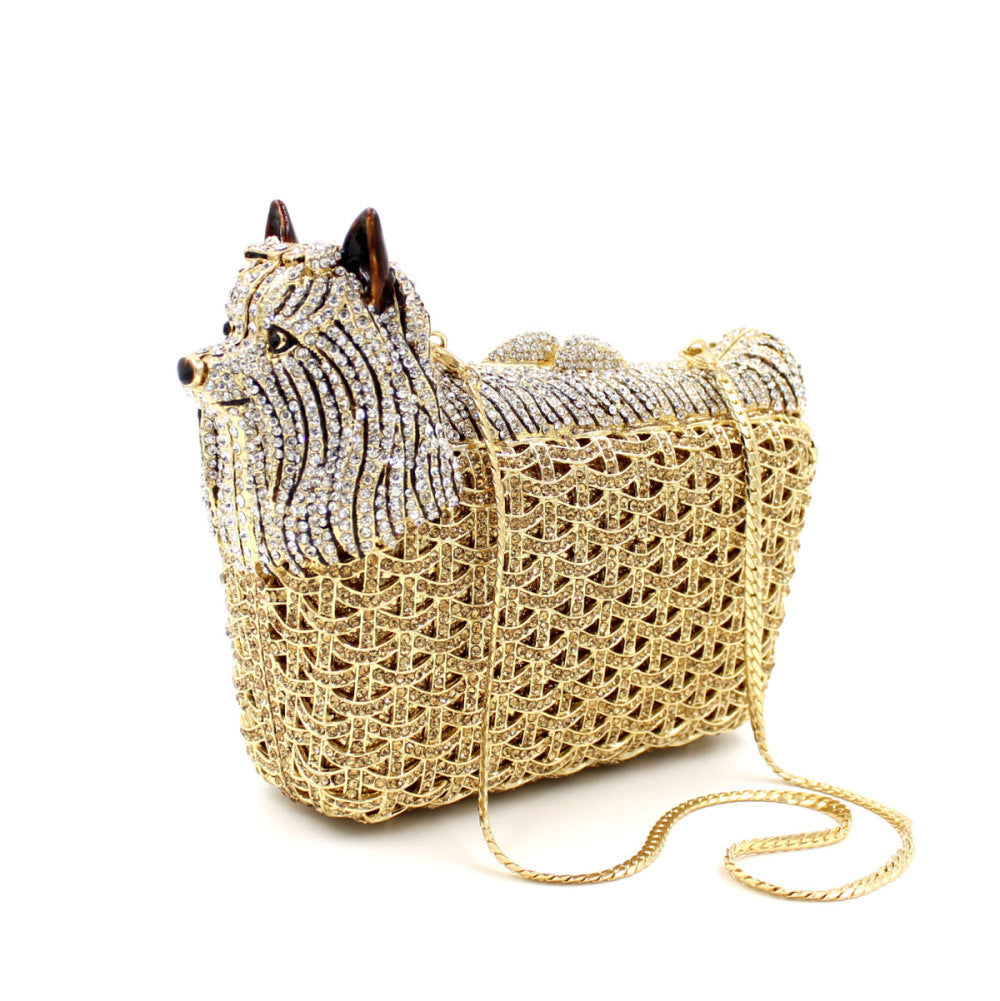 Puppy Hollow Metal Diamond Inlaid Handbag