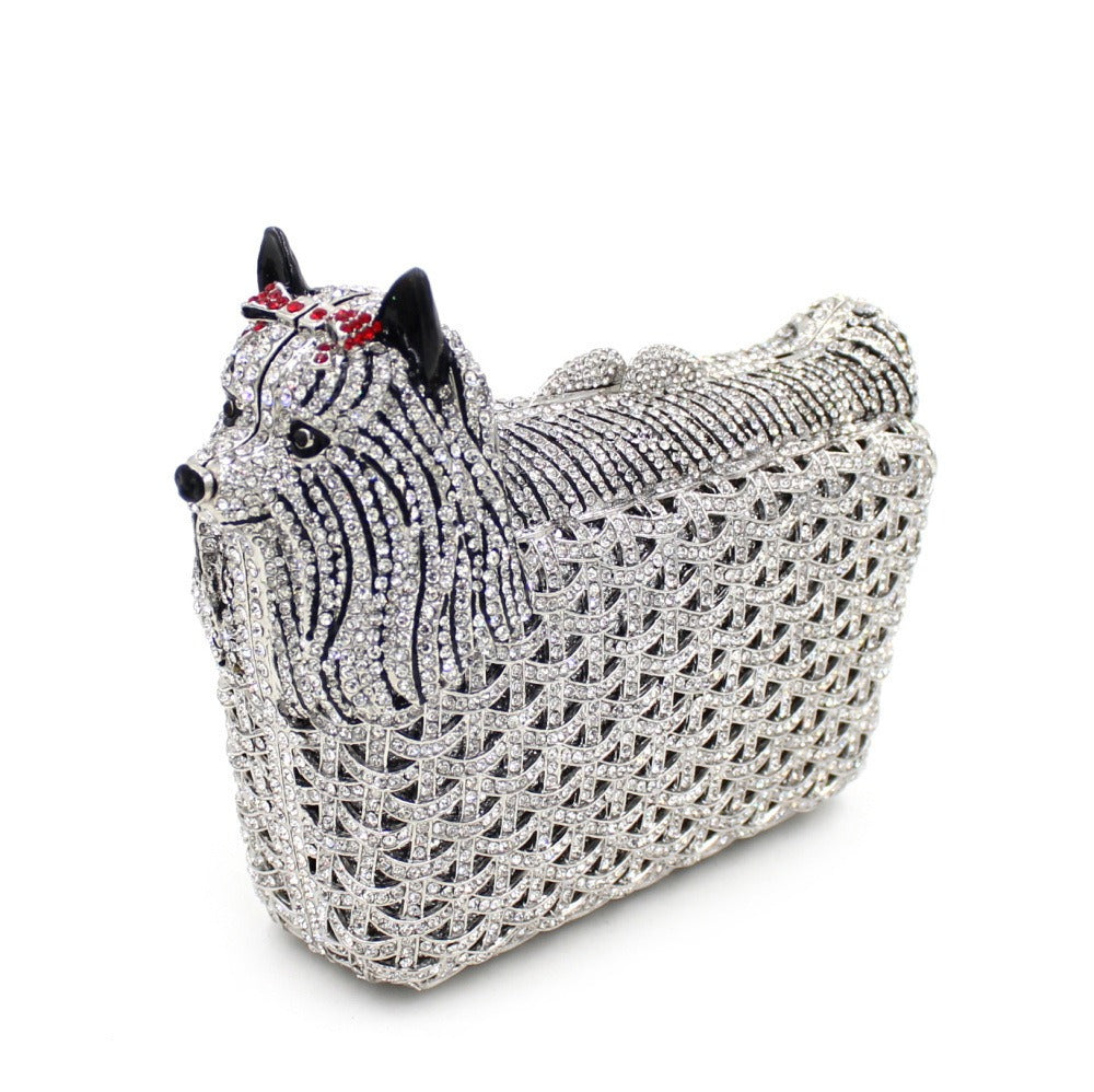 Puppy Hollow Metal Diamond Inlaid Handbag