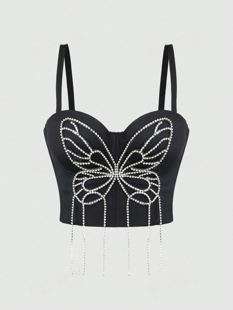 3D Butterfly Rhinestone Hand Beaded Tassel Camisole