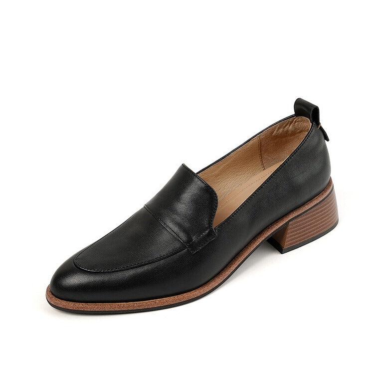 Retro Leather Chunky Heel Deep Mouth Loafers