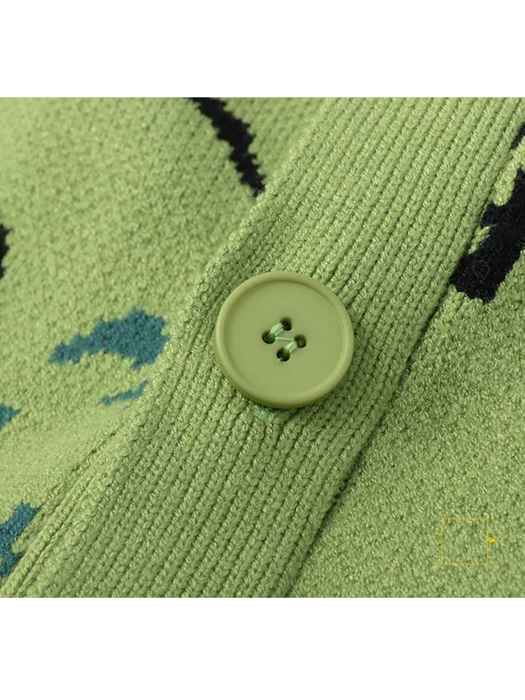 V-Neck Cartoon Dinosaur Jacquard Loose Knitted Cardigan