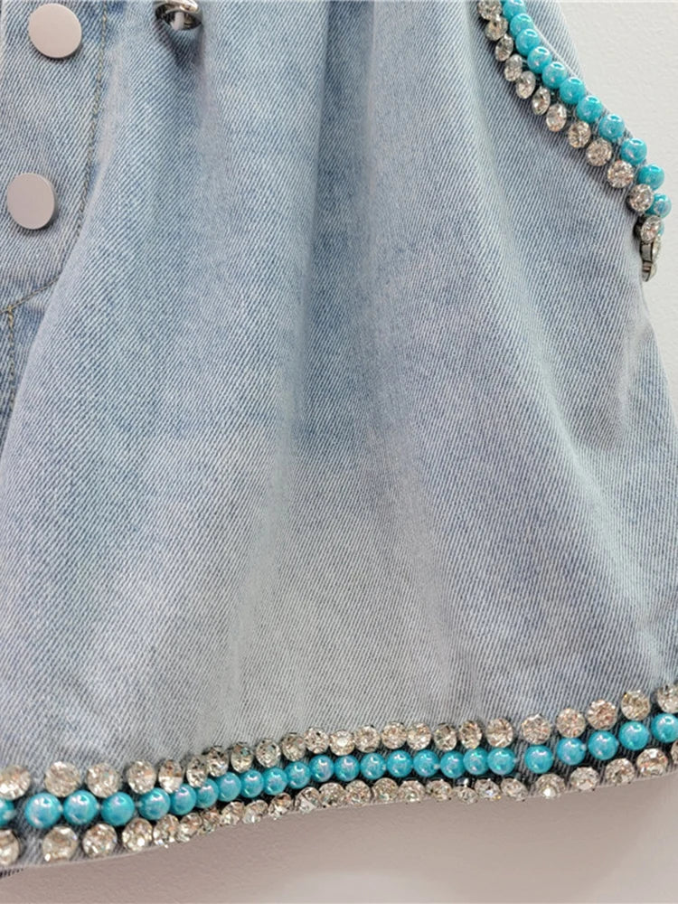 Diamond Studded Blue Beads Wide Leg Denim Shorts