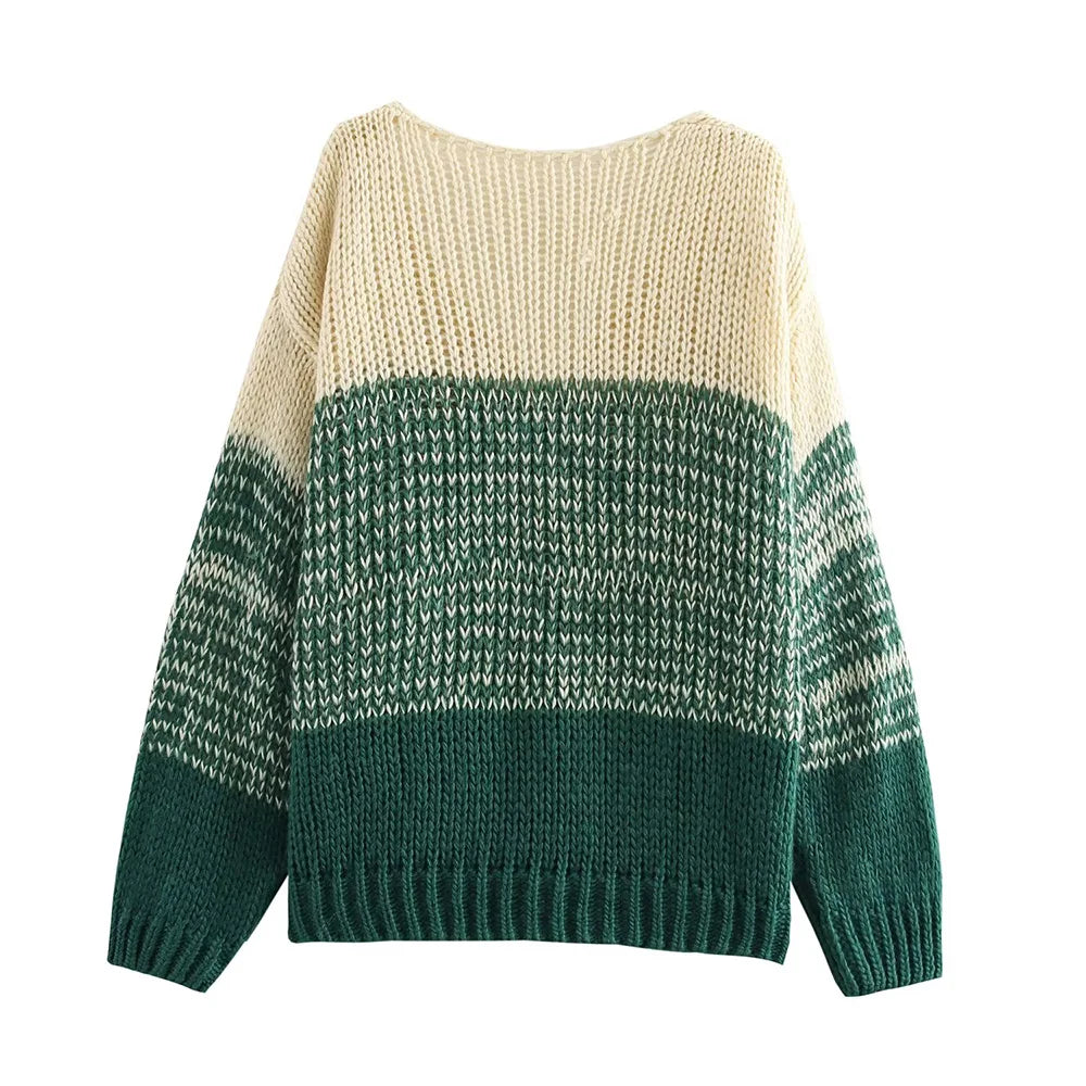 Color Block V-Neck Loose Fit Knitted Cardigan