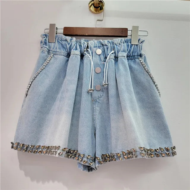 Diamond Studded High Waist Wide Leg Denim Shorts