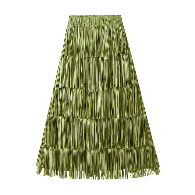 Fringe Stretch Waist Pleated Skirt