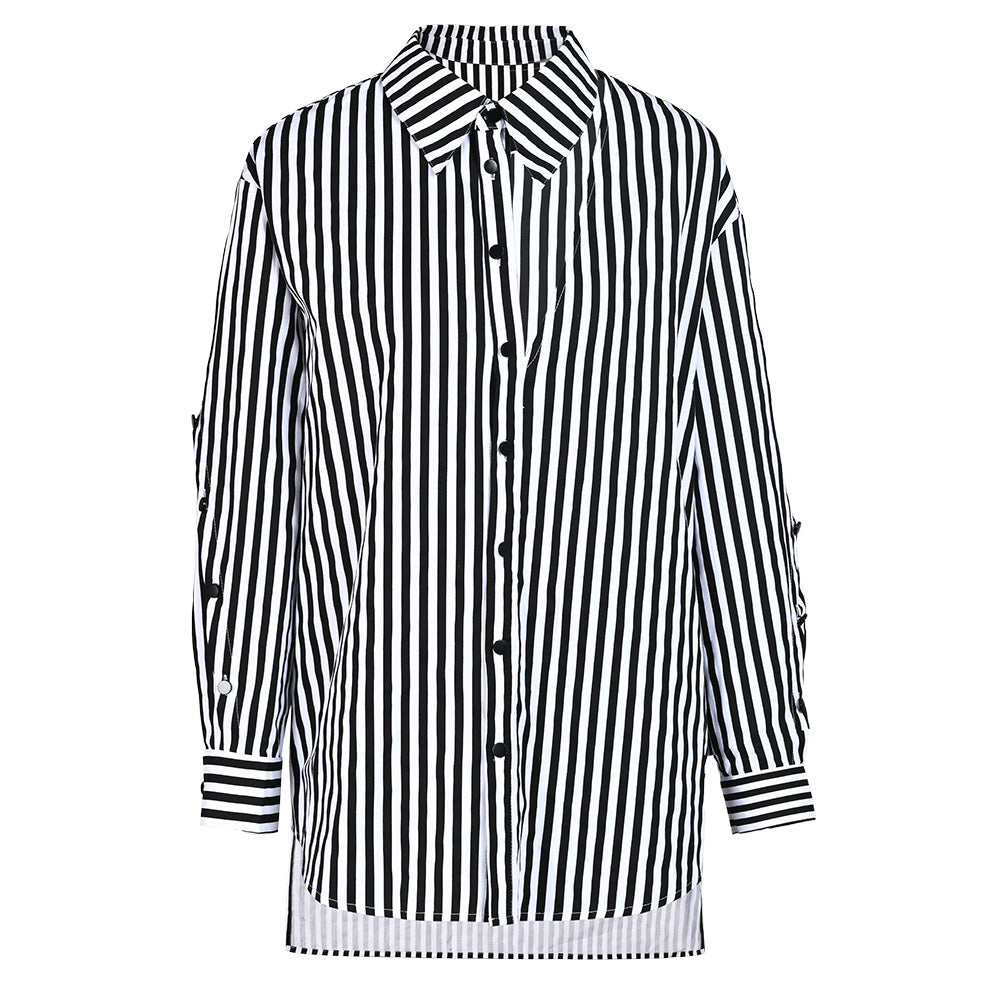 Striped Waist Strap Mid Length Shirt