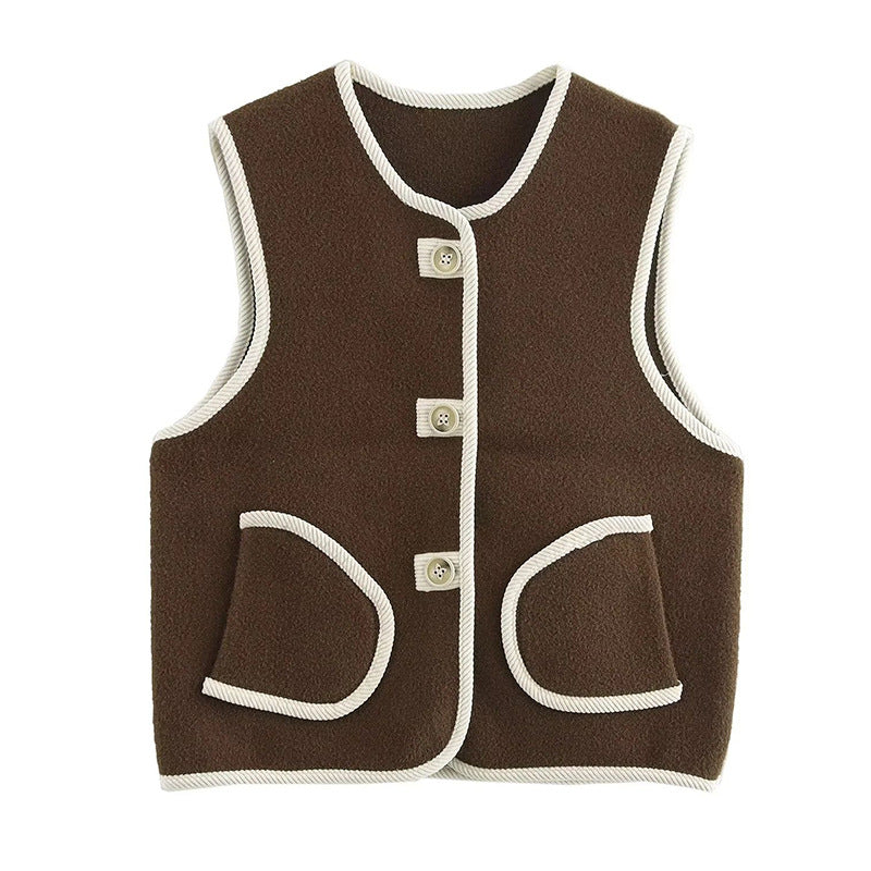 Loose Fit Sleeveless Trimmed Pocket  Pearl Fleece Vest