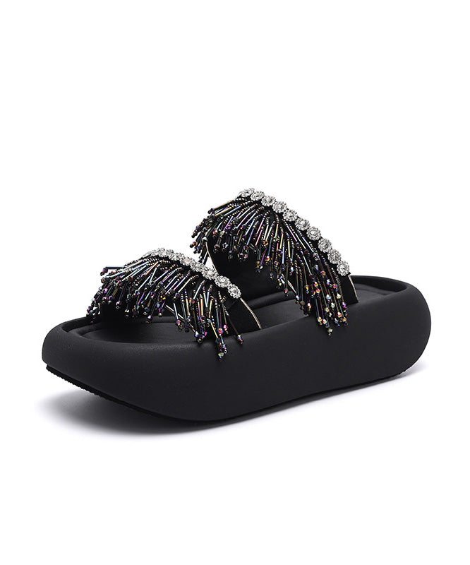 Black Tassel Splicing Platform Slide Sandals Peep Toe