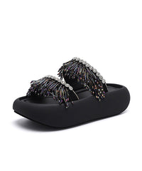 Black Tassel Splicing Platform Slide Sandals Peep Toe