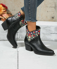 Fine Black Pointed Toe Zippered Faux Leather Splicing Chunky Flat Boots