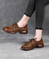 Brown Cowhide Leather Lace Up Splicing Flat Shoes For Women