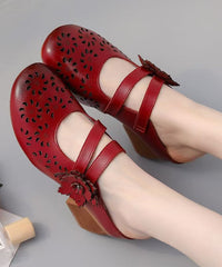 Boho Cowhide Leather Splicing Brown Slide Sandals Hollow Out