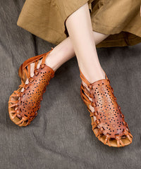 Brown Hollow Out Cowhide Leather Splicing Sandals