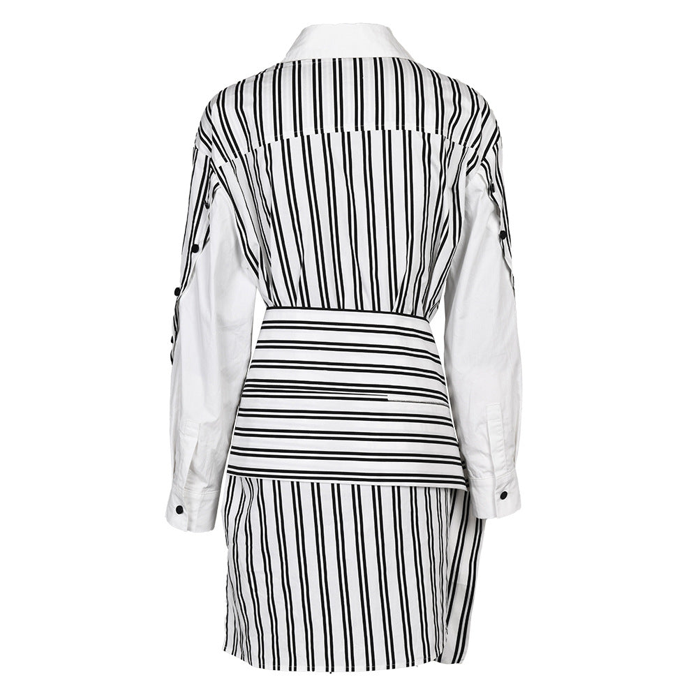 Striped Waist Strap Mid Length Shirt