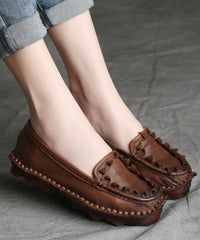 Coffee Flat Shoes For Women Splicing Cowhide Leather Vintage